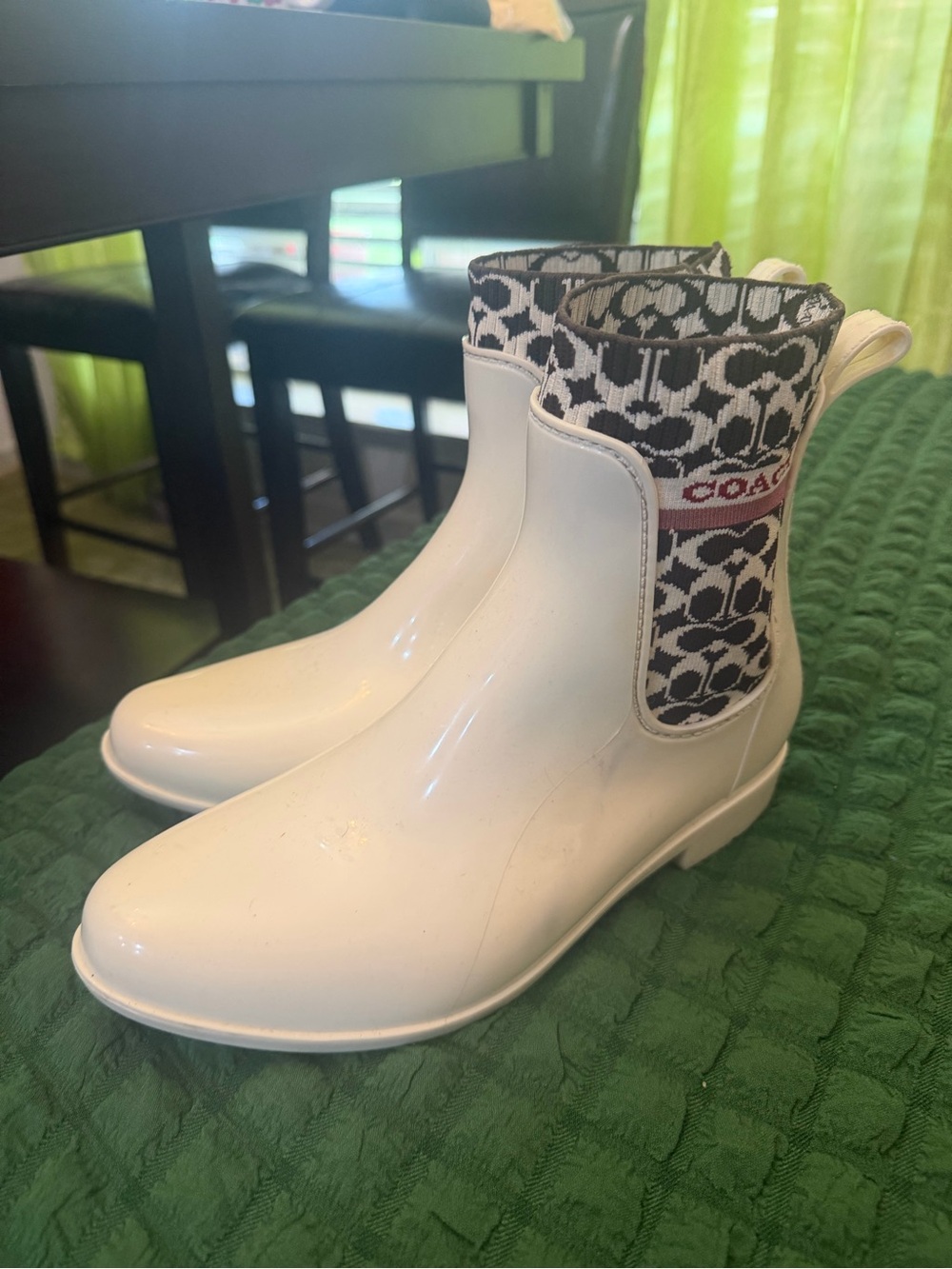 Coach White Rain Boots with Brown & White Signature Cuff - Picture 1 of 9